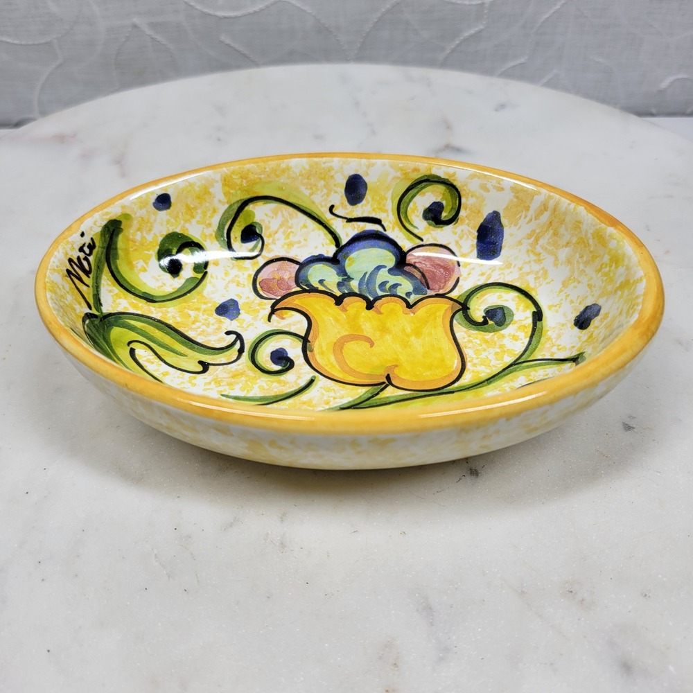 ~Ceramiche Mori Yellow Floral Hand Painted Oval Dish Made in Italy Trinket Soap